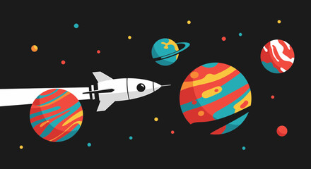 Naklejka premium Whimsical Space Adventure With Colorful Planets And A Rocket
