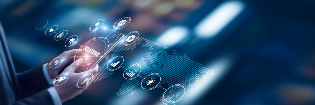 Businessman analysis of data Solutions technological and enterprise innovation platforms, problem-solving frameworks, customer-centric digital solutions, cloud-enabled service optimization tools.