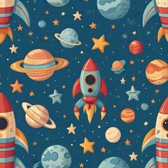 Naklejka premium Seamless wallpaper design with cute cartoon rockets, planets, and smiling stars, pastel blue background, playful children’s room interior style, soft colors, high-resolution,Generative Ai 