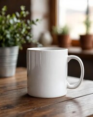 Fototapeta premium Clean White Ceramic Mug Mockup on Wooden Table