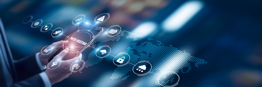 Businessman analysis of data Web Hosting technological and cloud-based hosting platforms, domain management systems, secure server solutions, scalable infrastructure, uptime optimization frameworks.