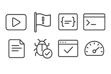 Low-Code Testing Icons. Line style icons of low-code testing tools: test run button, error flag, debug log, console viewer, test