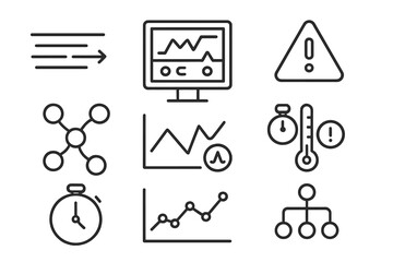 Serverless Observability Icons. Line style icons of observability in serverless: log stream, metrics dashboard, alert icon, trace