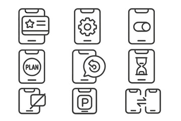 Mobile Subscription Icons. Line style icons of mobile subscription management: mobile wallet pass, app subscription settings,