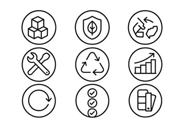 Circular Design Icons. Line style icons of circular design strategies: modular product design, durable material icon, easy