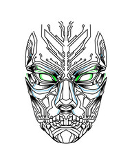 Obraz premium Cybernetic Mask A Vector Illustration of a Futuristic Face with Glowing Eyes and Tech Details