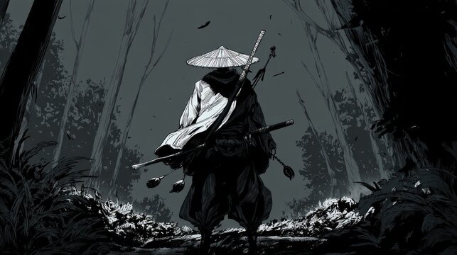 Silhouette warrior forest path