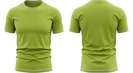 Front and back view of a plain green tshirt, isolated on transparent background, showcasing its design and texture for apparel mockups and fashion concepts
