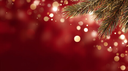 Christmas Background with Fir Branches and Golden Bokeh Lights on Red"