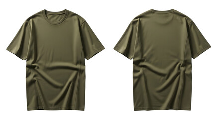 Front and back view of a plain olive green tshirt, isolated on transparent background, showcasing its simple design and fabric texture, perfect for fashion mockups and ecommerce