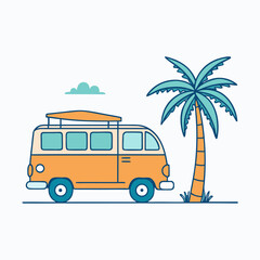 Dreamy tropical getaway with vintage van and swaying palm tree, perfect for summer vacation vibes, travel inspiration, or carefree lifestyle imagery, ideal for retro designs