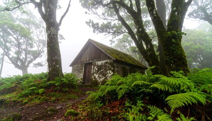 Misty forest hut nestled amongst ancient trees