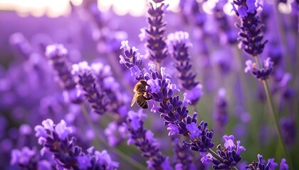 Honeybee on lavender flowers in sunlight