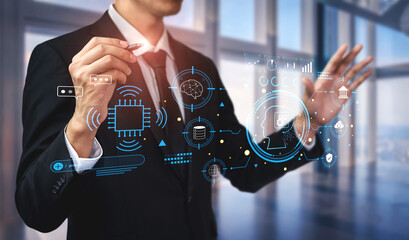 An advanced AI system for business and financial analysis. A futuristic interface for commanding an AI to process data from various domains. Motif