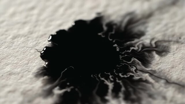 Dynamic black ink blot diffusing on a white textured surface, forming intricate organic patterns&mdash;a mesmerizing visual exploration of fluid art.