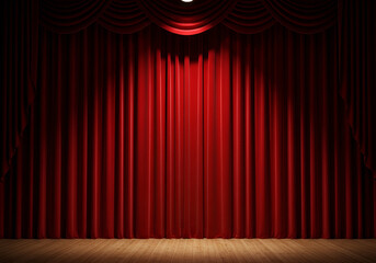 Fototapeta premium Dramatic red stage curtain opens revealing spotlighted podium for product presentation