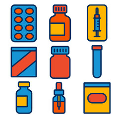 Pharmaceutical Icon Set. Flat vector icons of pharmaceutical packaging: pill blister pack, amber bottle icon, dropper medicine