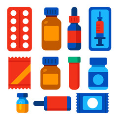 Pharmaceutical Icon Set. Flat vector icons of pharmaceutical packaging: pill blister pack, amber bottle icon, dropper medicine