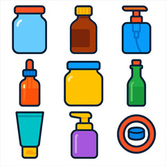 Bold Packaging Icons. Flat vector icons of bottle and jar packaging: glass jar with metal lid, amber medicine bottle, plastic pump