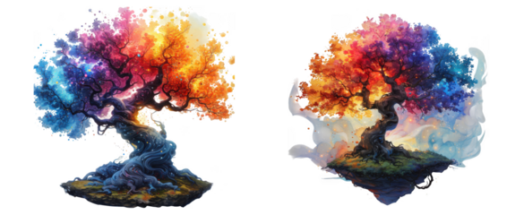 A vibrant, abstract tree with colorful, swirling foliage, set against a transparent background, isolated on transparent background