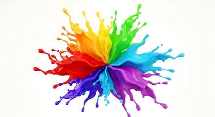 Obraz premium Vibrant Rainbow Paint Splashes Bursting Outward on a Clean White Background