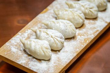 Raw and cooked Japanese gyoza dumplings on rustic surfaces – handmade Asian cuisine