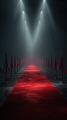 Elegant red carpet pathway illuminated by bright lights creates a glamorous atmosphere for an event