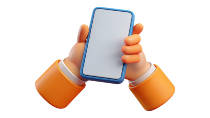 3D cartoon hands holding a blue smartphone with a blank white screen on a transparent background mobile isolated on a transparent background