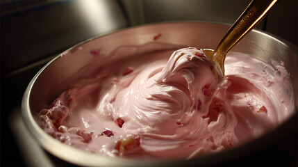 Close-Up of Swirled Pink Yogurt Containing Fruit Pieces