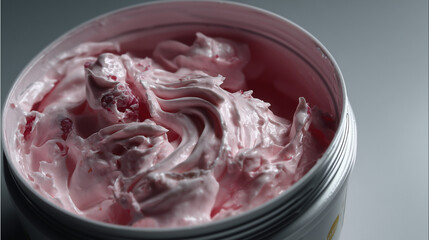 Pink Yogurt with Swirled Texture and Fruit Particles