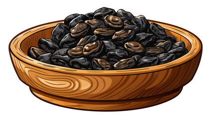 Black raisins in wooden bowl isolated on white background, detailed vector illustration, dried fruit snack, perfect for culinary graphics, healthy food packaging, organic cooking themes, kitchen decor