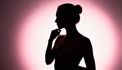 Silhouette of a woman with hand on chin against pink background