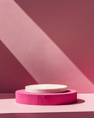 pink podium on colorful background. Conceptual banner for holidays. Pedestal for displaying good.