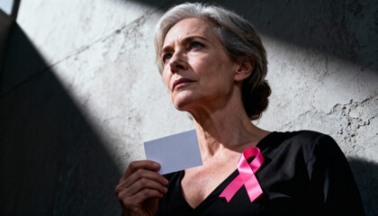 Woman's hand over chest with pink ribbon overlay