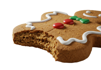 A classic gingerbread man cookie, bitten, revealing moist golden interior, white icing, red candy buttons, scattered crumbs, on transparent, cinematic studio lighting, macro, shallow depth of field.