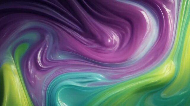 Abstract image features flowing colors, merging blues, greens, purples, and hints of light yellow hues