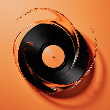 Vinyl with paint splash ring on a hot orange background, dynamic minimal scene