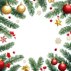 Christmas Pine Frame with Red and Gold Ornaments, Holly, and Snowflakes on White Background