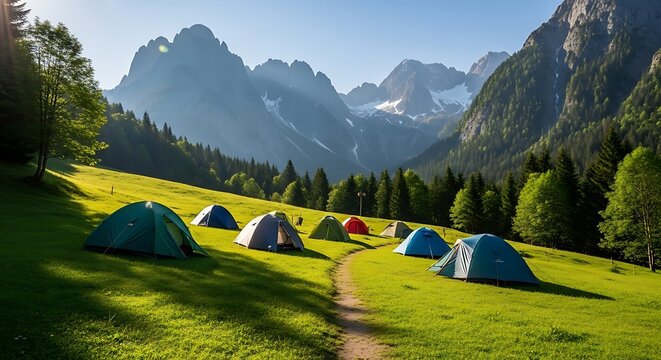 Camping in the Mountains, Scenic Alpine Meadow.