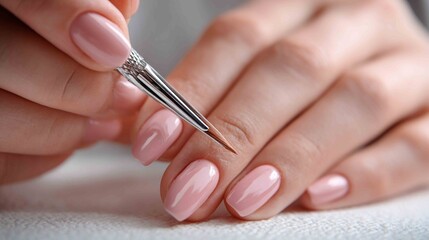 Nail Artistry in Progress: Close-up view of hands meticulously applying nail art, showcasing the delicate process of manicure with skilled precision and aesthetic elegance.