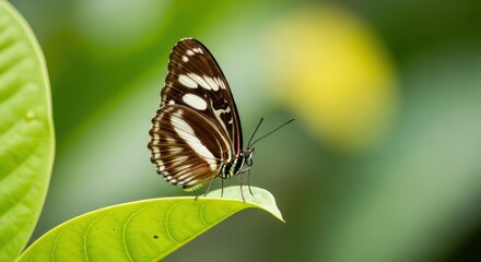 Obraz premium A butterfly with brown and white wings perched on a vibrant green leaf in a natural setting outdoors