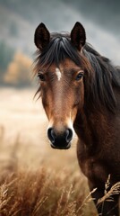 Obraz premium Brown horse standing in golden grass against a blurred natural backdrop in autumn light
