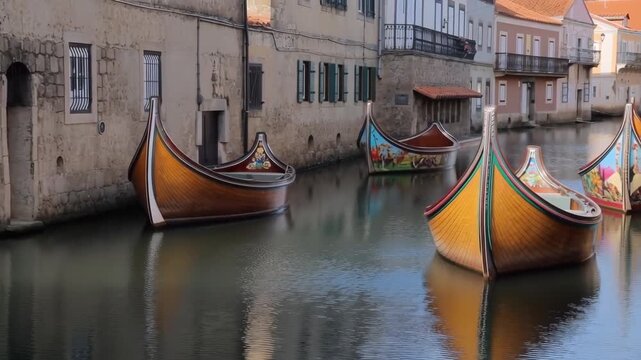 Traditional moliceiro boats floating on aveiro canal in portugal