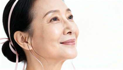 Profile of smiling woman with pink ribbon for breast cancer awareness
