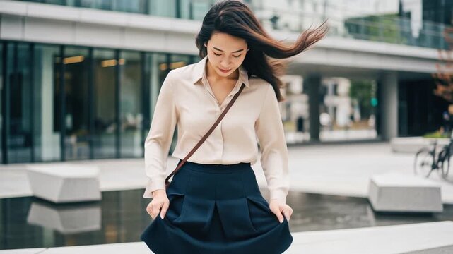 オフィス街の広場でビル風に吹かれスカートを押さえる女性