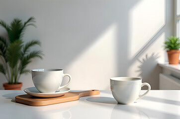 Fototapeta premium Morning Coffee Ritual: Two Cups on a White Table with Natural Li