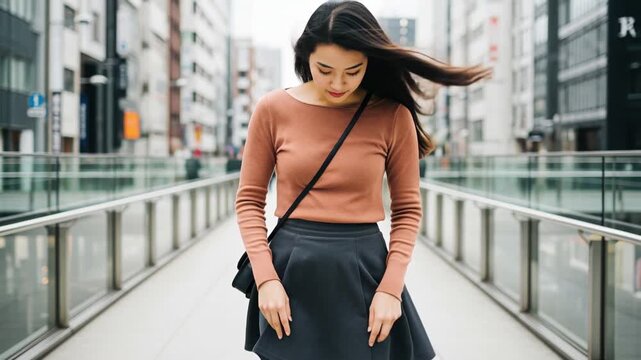 都市の歩道橋で強風にあおられスカートを押さえる女性