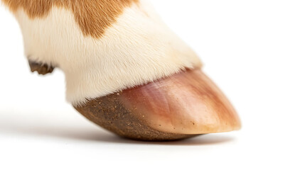 Obraz premium Equine hoof detail. Close-up shot of the lower leg of a horse on white showing the hoof and lower white and brown fur for an illustrative animal depiction.