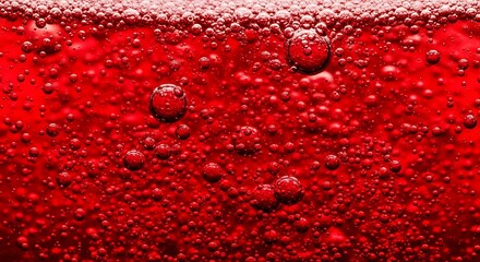 Red Carbonated Drink with Bubbles Close-up.