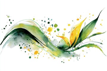 Abstract floral design with flowing green and yellow shapes.